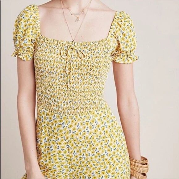 Faithfull The Brand Della Jumpsuit yellow floral cap sleeve 4 smocking small - Picture 2 of 12